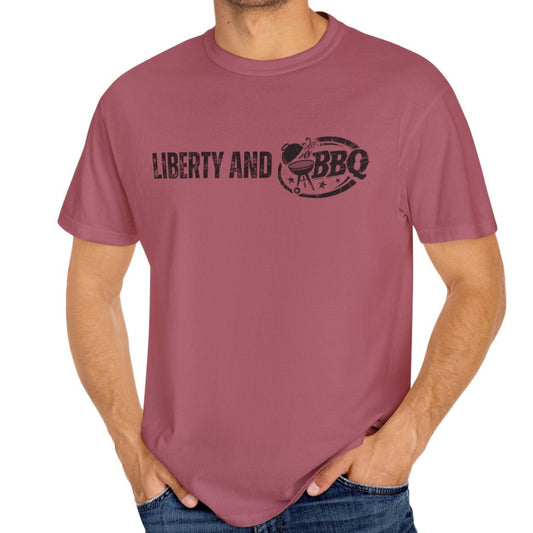 Eddy and Rita Men's Comfort Colors T-Shirt - "Liberty and BBQ" Patriotic Graphic Tee for Grilling Enthusiasts