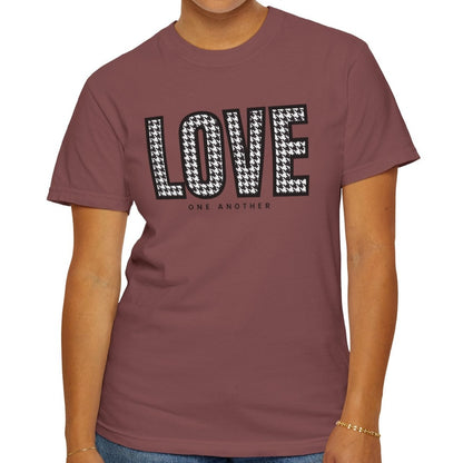 Love One Another Houndstooth Women's Comfort Colors Tee: Cozy Style with Inspirational Charm