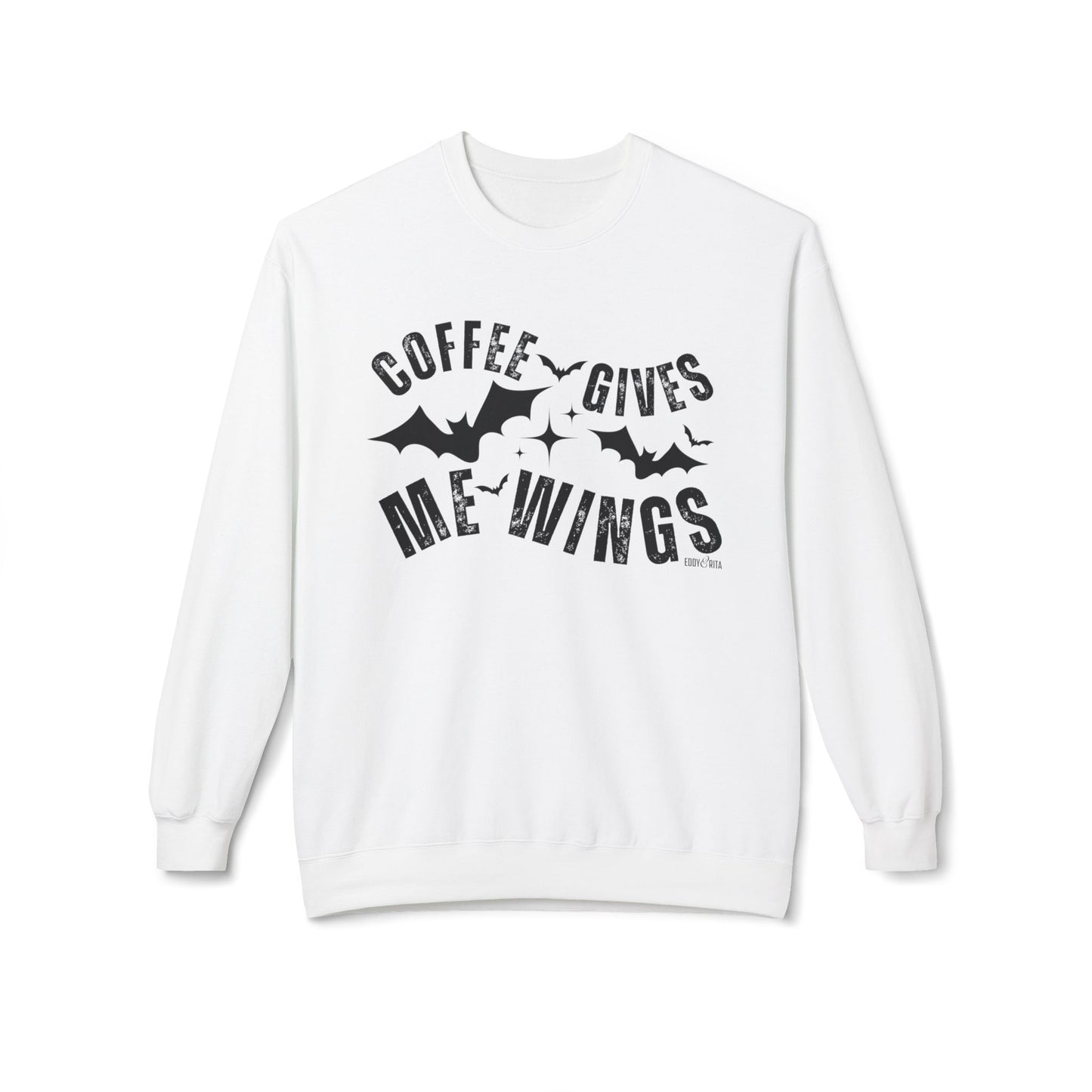 Eddy and Rita Women's Midweight Crewneck Sweatshirt - "Coffee Gives Me Wings" Halloween Bat Graphic Pullover