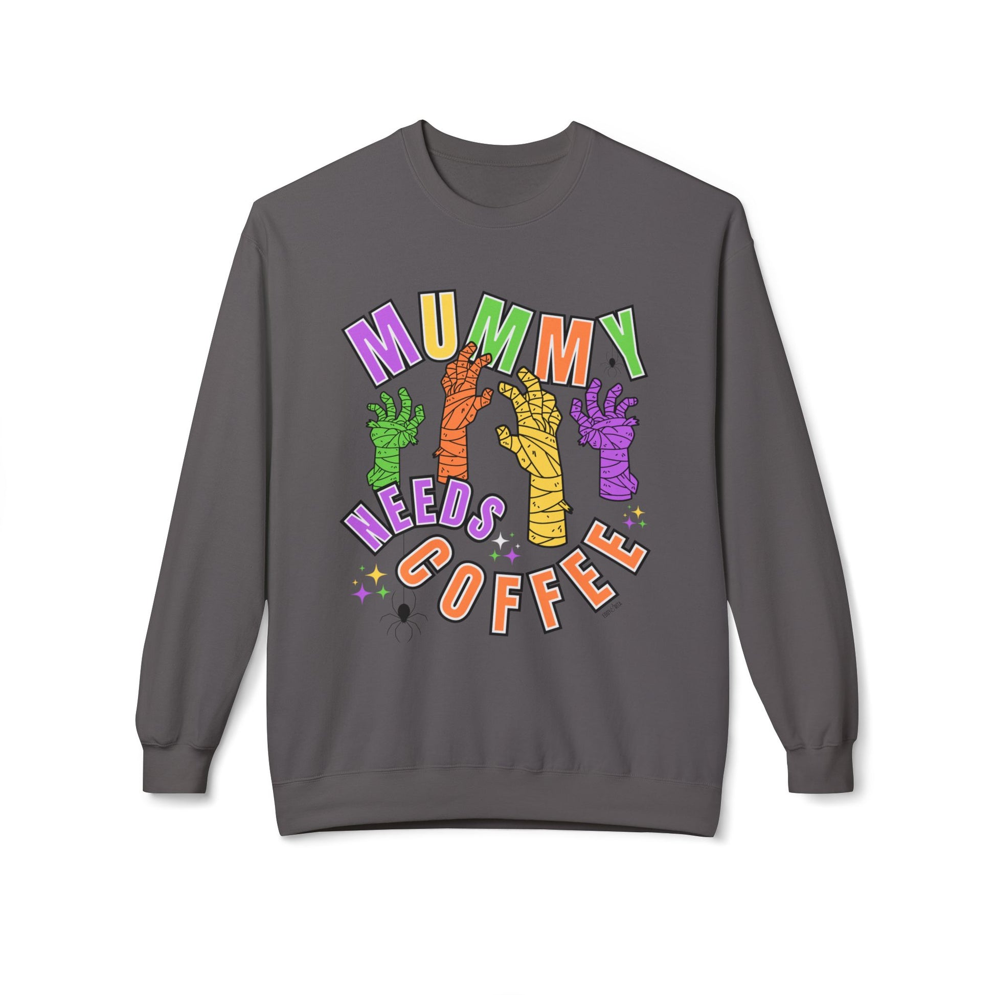 Eddy and Rita Women's Midweight Crewneck Sweatshirt - "Mummy Needs Coffee" Halloween Mummy Hands Graphic Pullover