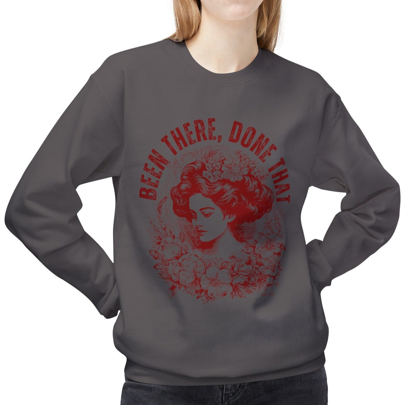 Eddy and Rita Women's Midweight Crewneck Sweatshirt - "Been There, Done That" Vintage Graphic Pullover