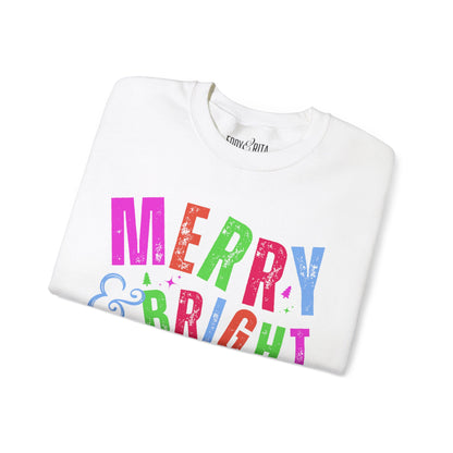 Women's Heavy Sweatshirt – "Merry and Bright" Festive Christmas Graphic Sweatshirt