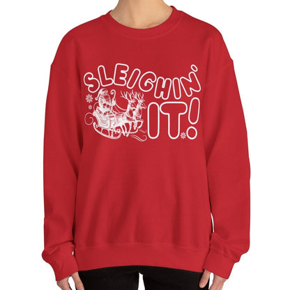 Women's Heavy Sweatshirt – "Sleighin It" Fun and Festive Christmas Graphic Sweatshirt