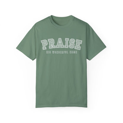 Eddy and Rita Women's Comfort Colors T-Shirt - "Praise His Wonderful Name" Soft Cotton Christian Graphic Tee