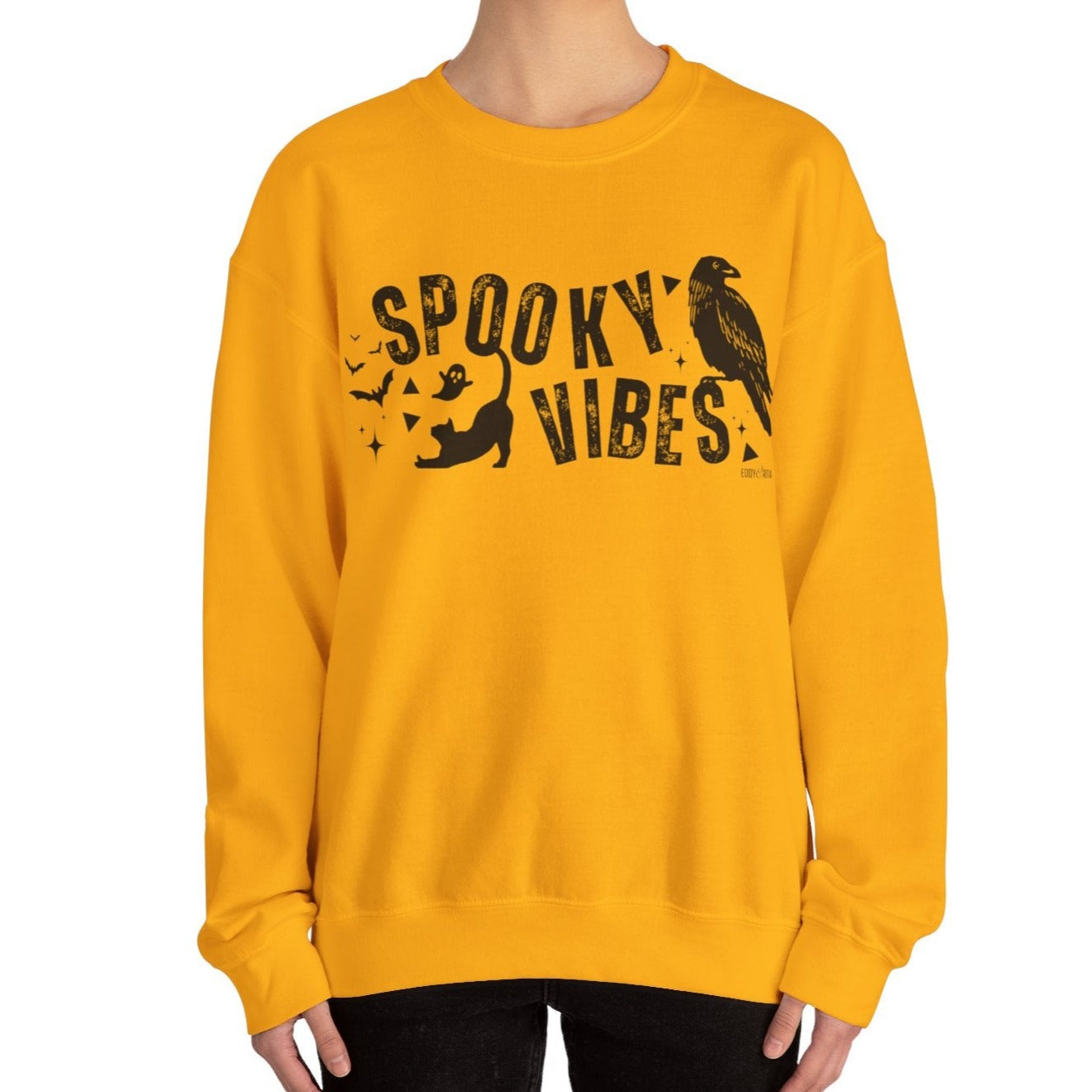 Eddy and Rita Women's Heavy Crewneck Sweatshirt - "Spooky Vibes" Halloween Graphic PulloverEddy and Rita Women's Heavy Crewneck Sweatshirt - "Spooky Vibes" Halloween Graphic Pullover