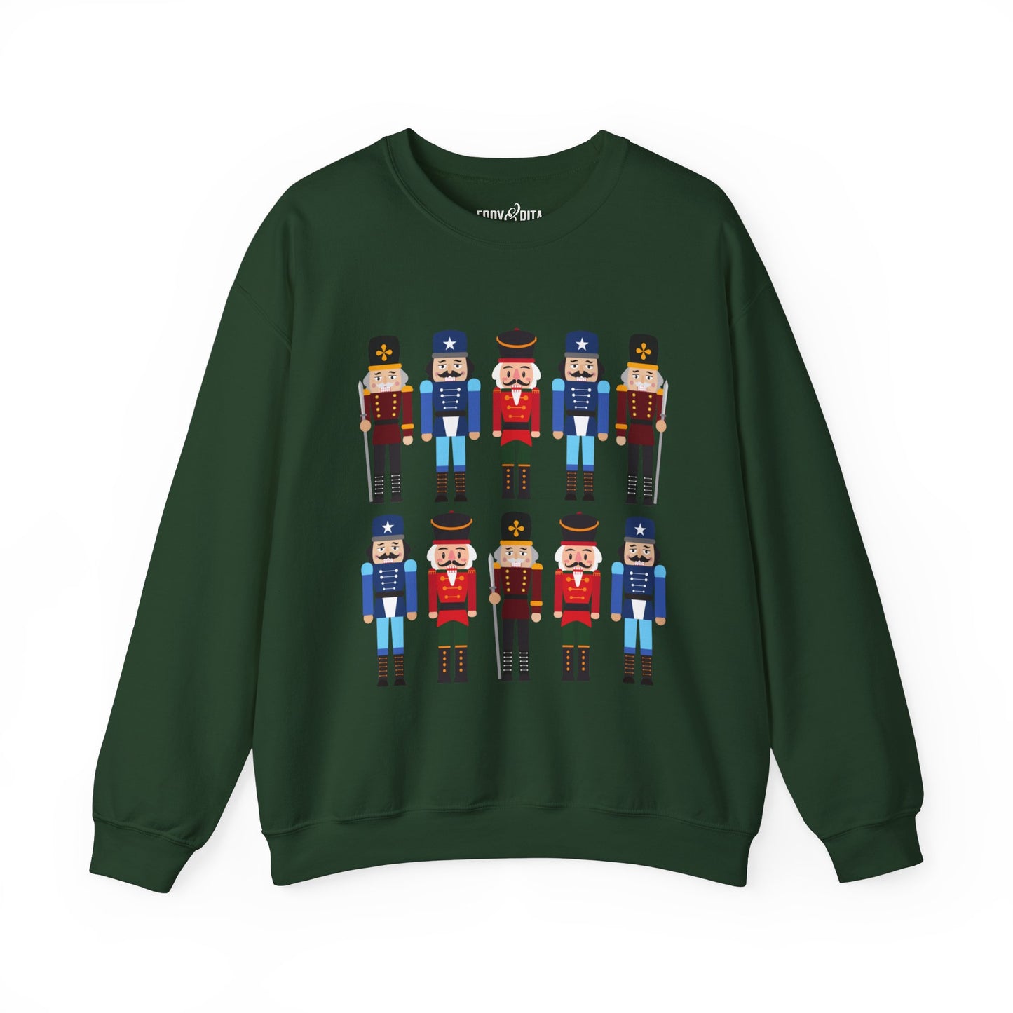 Women's Heavy Sweatshirt – "10 Nutcrackers" Festive Christmas Graphic Sweatshirt