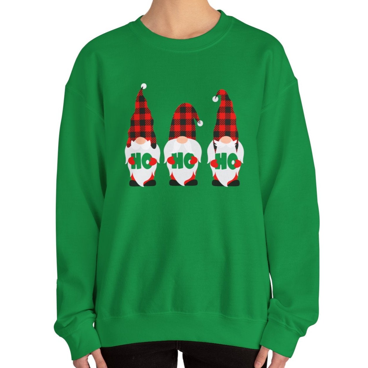 Ho Ho Ho with Three Red and Black Checked Gnomes Women's Sweatshirt - Festive Holiday Fashion