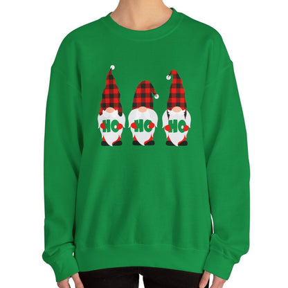 Ho Ho Ho with Three Red and Black Checked Gnomes Women's Sweatshirt - Festive Holiday Fashion