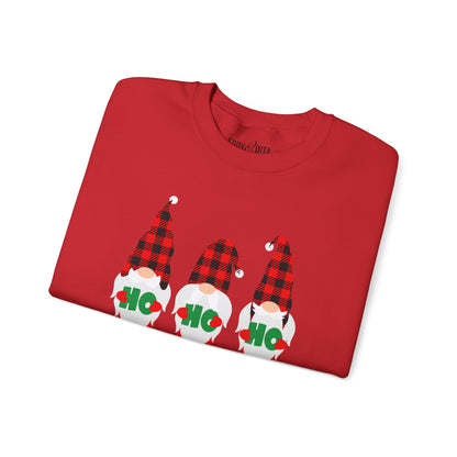 Ho Ho Ho with Three Red and Black Checked Gnomes Women's Sweatshirt - Festive Holiday Fashion