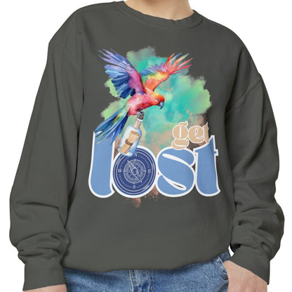 Get Lost Women's Comfort Colors Sweatshirt with Tropical Bird Design - Cozy and Stylish Casual Wear for Adventure Seekers