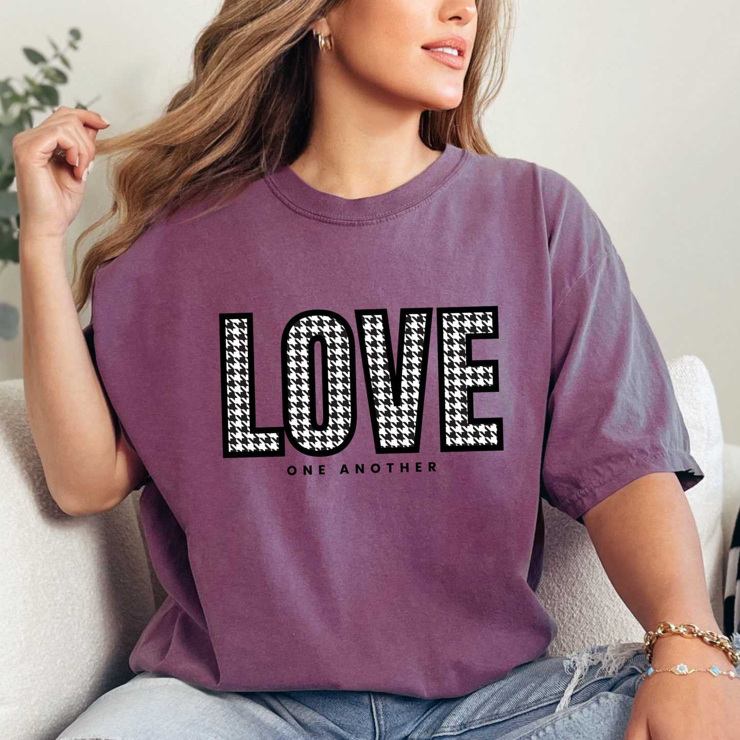 Love One Another Houndstooth Women's Comfort Colors Tee: Cozy Style with Inspirational Charm - Eddy and Rita