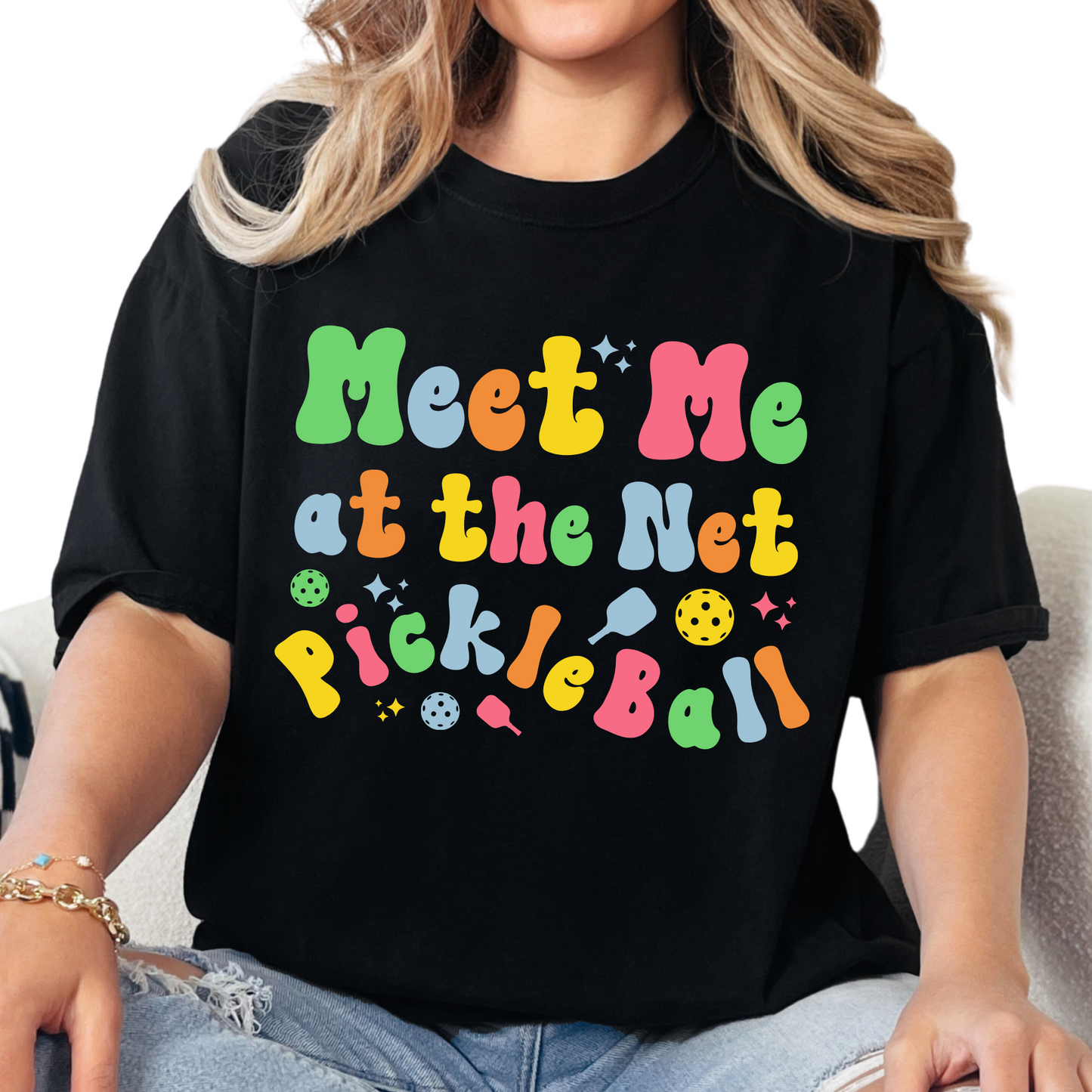 Eddy and Rita Women's Heavy Cotton T-Shirt - "Meet Me at the Net Pickleball" Graphic Tee for Pickleball Enthusiasts