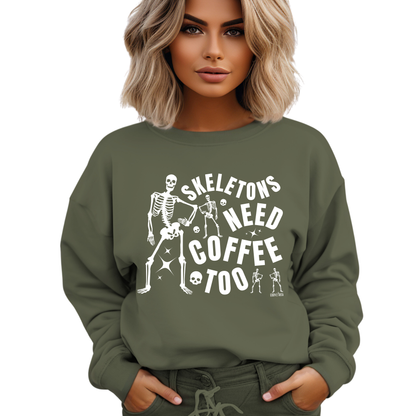 Eddy and Rita Women's Midweight Crewneck Sweatshirt - "Skeletons Need Coffee Too" Halloween Graphic Pullover