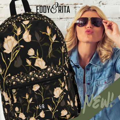 Eddy and Rita Women's Black Backpack with Cream Floral Design - Premium Designer Bag for Stylish Moms