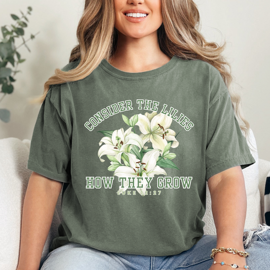 Serene Blossoms - Women's Comfort Colors Tee with 'Consider the Lilies' Inspired by Luke 12:27 - Eddy and Rita