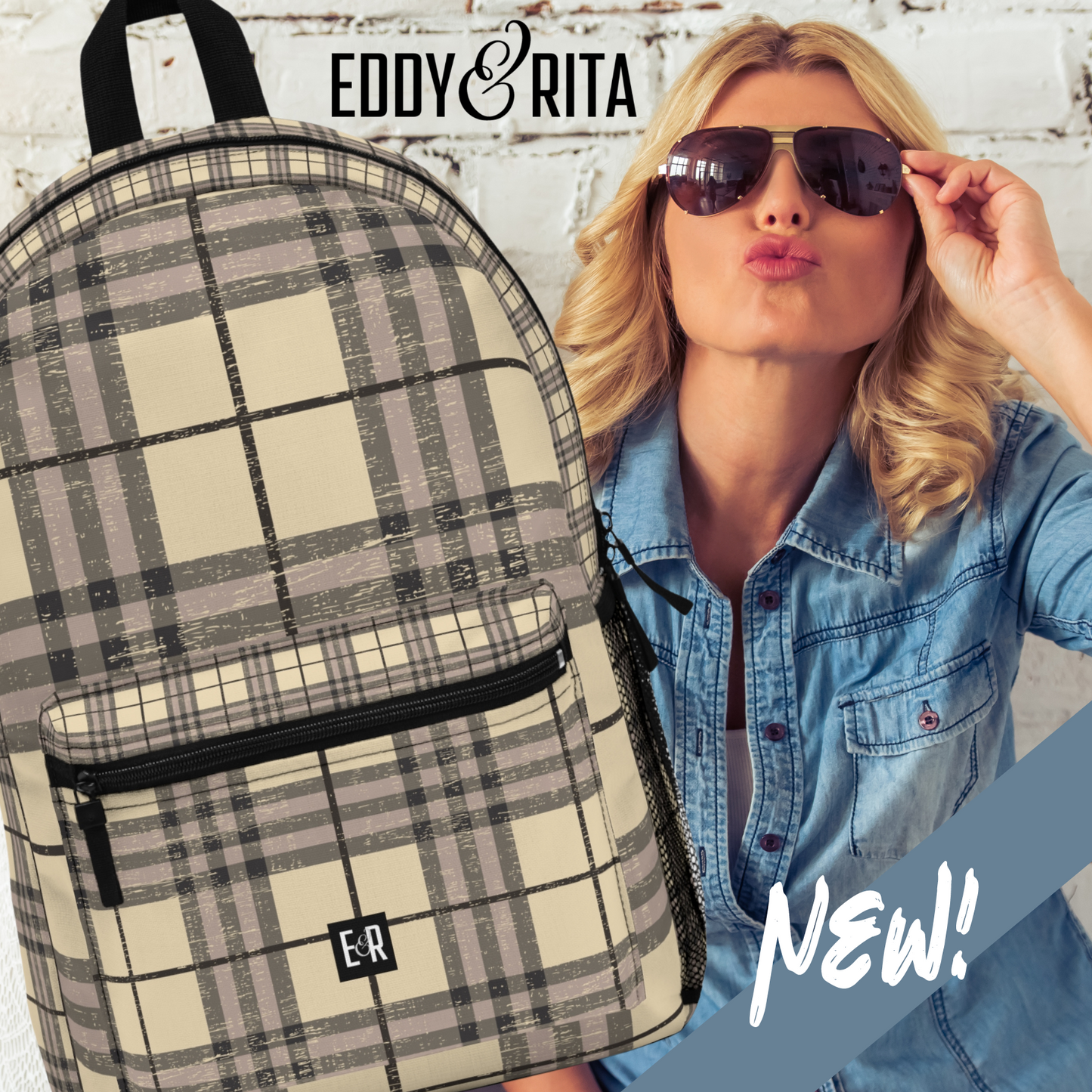 Eddy and Rita Women's Trendy Cream, Grey, and Black Plaid Backpack - Premium Designer Bag