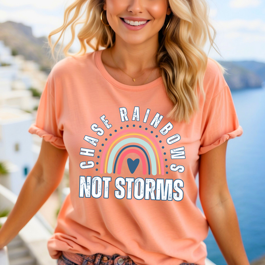 Chase Rainbows, Not Storms - Women's Bella Canvas Jersey Tee for Comfort and Positivity - Eddy and Rita