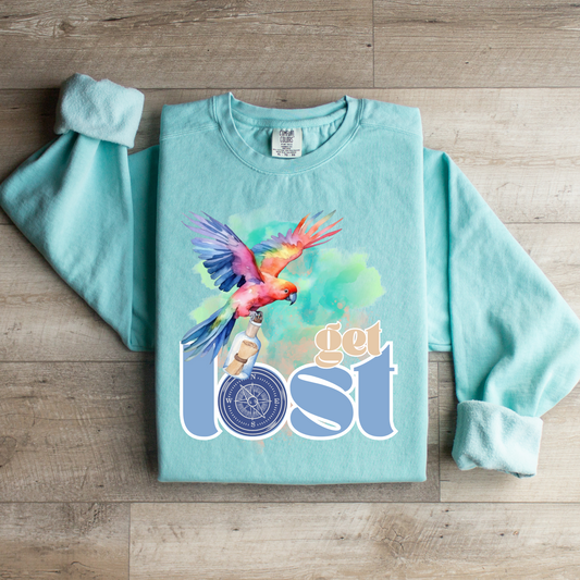 Get Lost Women's Long Sleeve Comfort Colors Sweatshirt with Tropical Bird Design - Eddy and Rita