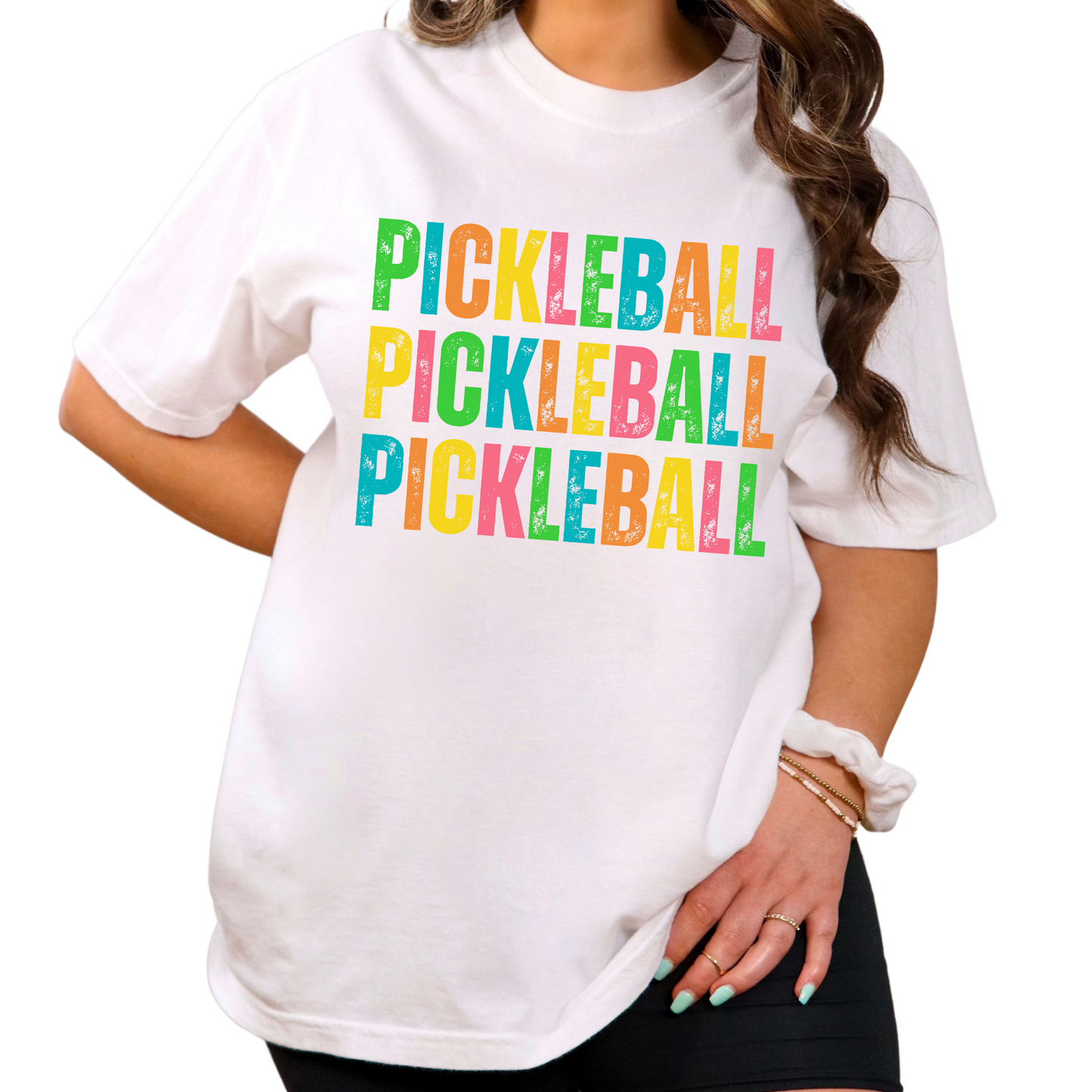 Eddy and Rita Women's Heavy Cotton T-Shirt - "Pickleball Pickleball Pickleball" Colorful Graphic Tee for Pickleball Enthusiasts