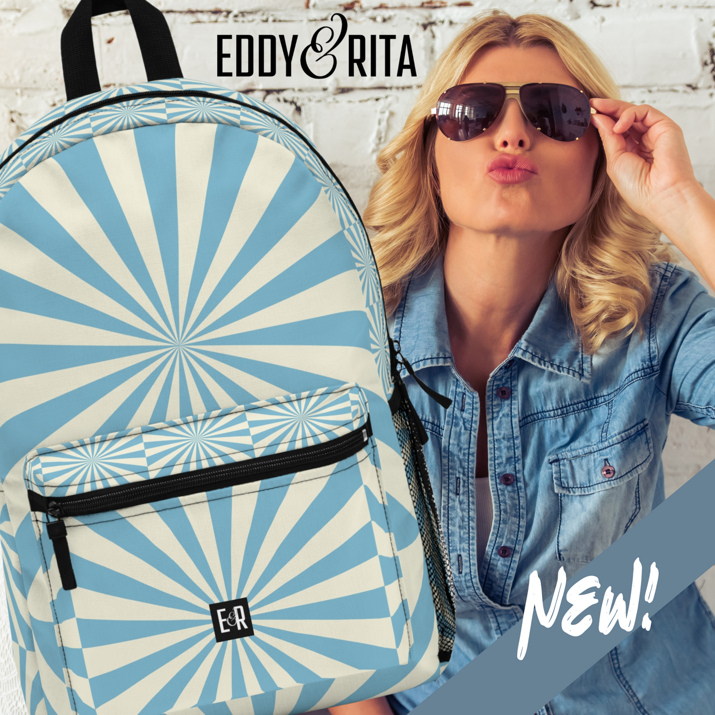 Eddy and Rita Women's Blue and White Geometric Starburst Backpack - Premium Designer Bag