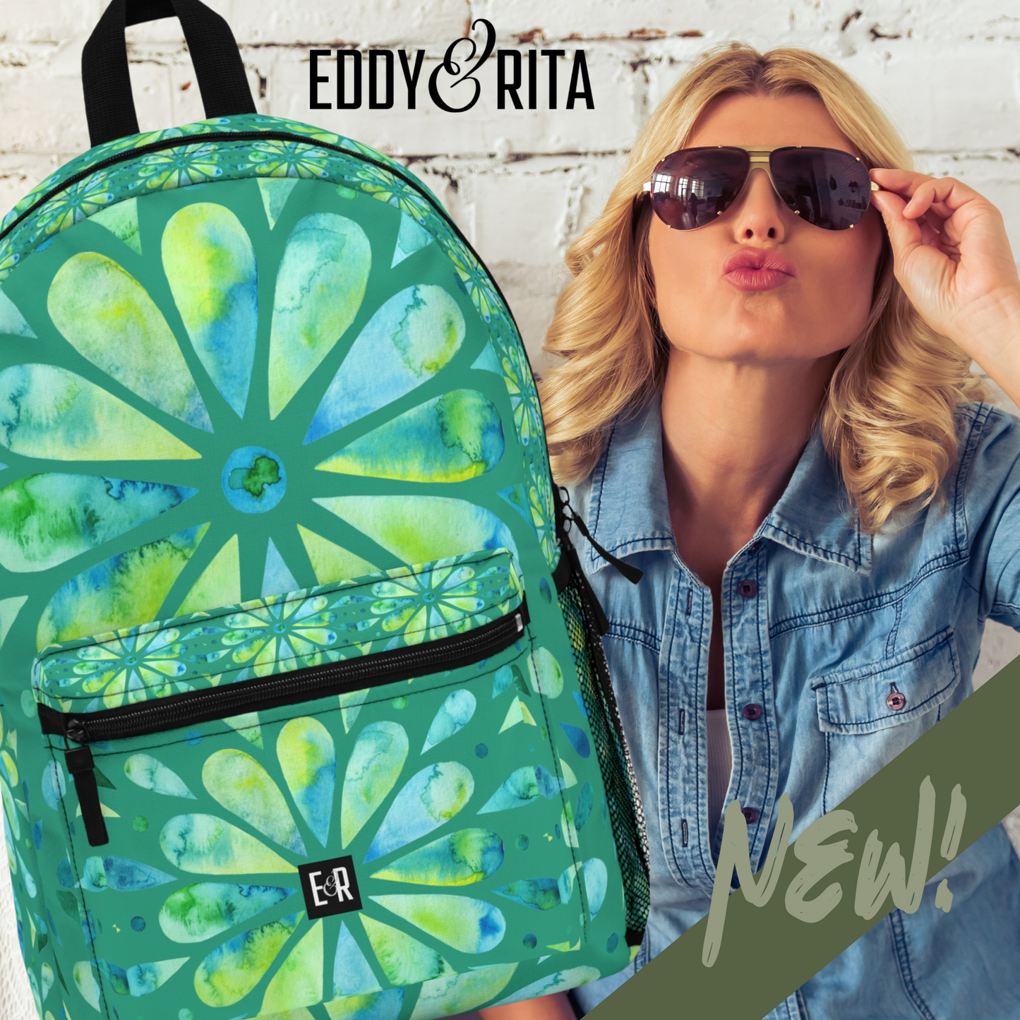 Eddy and Rita Women's Turquoise and Lime Watercolor Mandala Backpack - Premium Designer Bag for Stylish Moms, Nurses, and Professionals