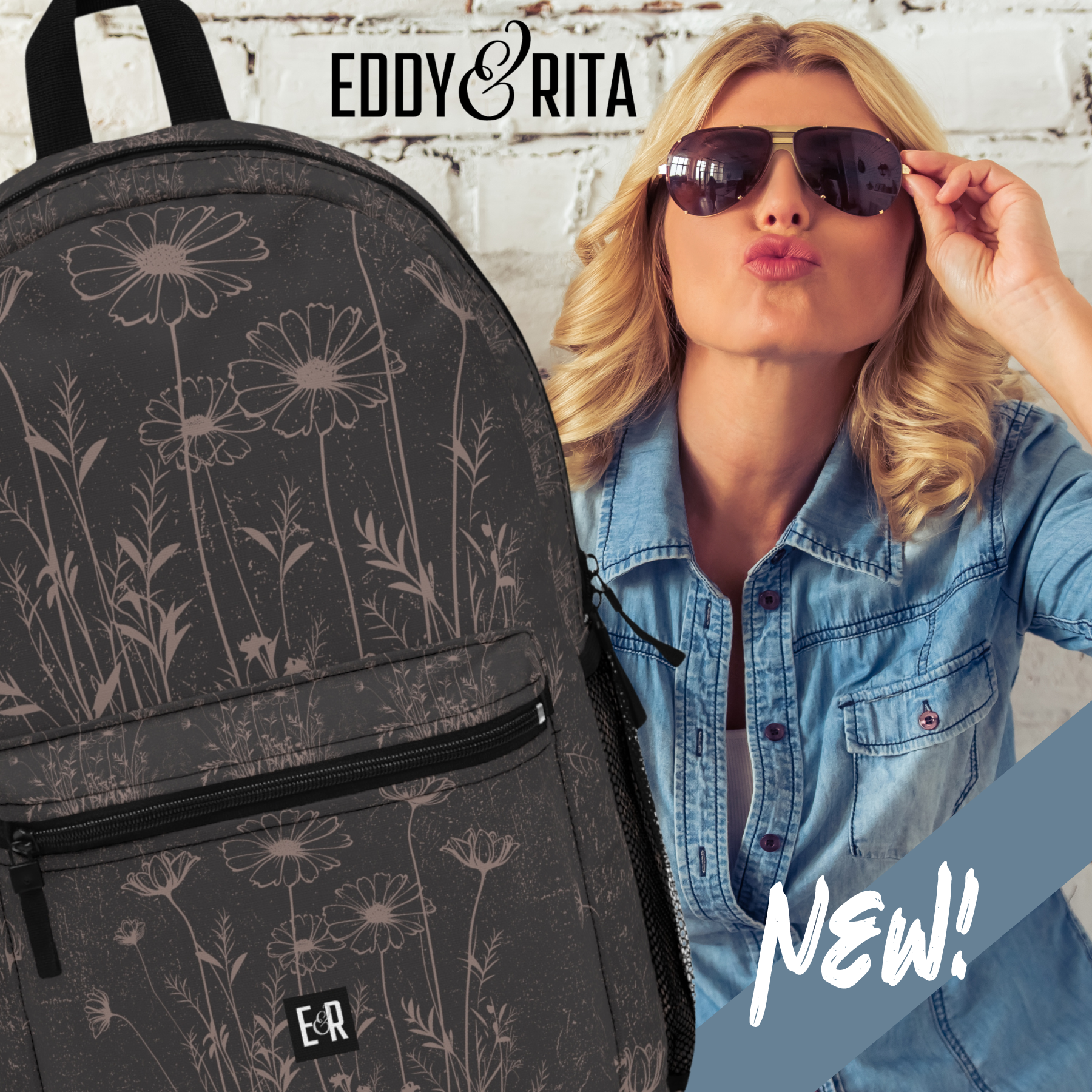 Eddy and Rita Women's Charcoal Backpack with Dusty Lavender Wildflowers - Premium Designer Bag