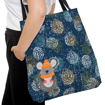 Adorable Mouse on Blue Patterned Large Tote Bag: Whimsical Critter Design - Eddy and Rita