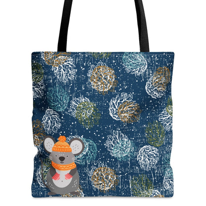 Adorable Mouse on Blue Patterned Large Tote Bag: Whimsical Critter Design - Eddy and Rita