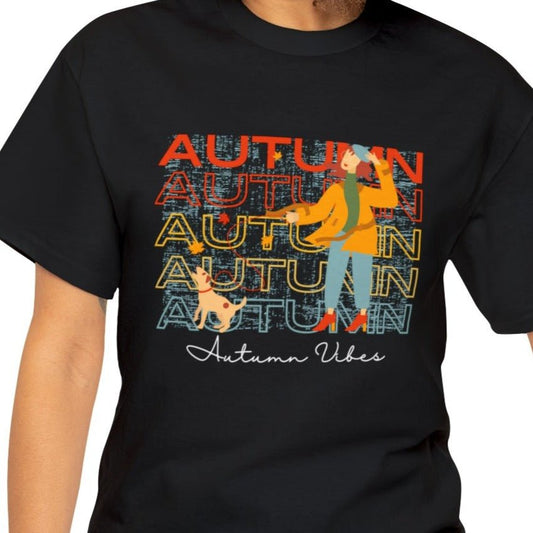 Autumn Stroll: Women's Tee with Dress-Clad Woman Walking Dog and 'Autumn Vibes' Background - Eddy and Rita