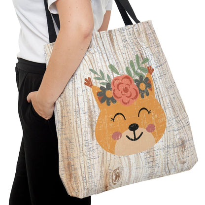 Bear with Flowers on White Wood Background Large Tote Bag - Whimsical Nature-Inspired Accessory - Eddy and Rita