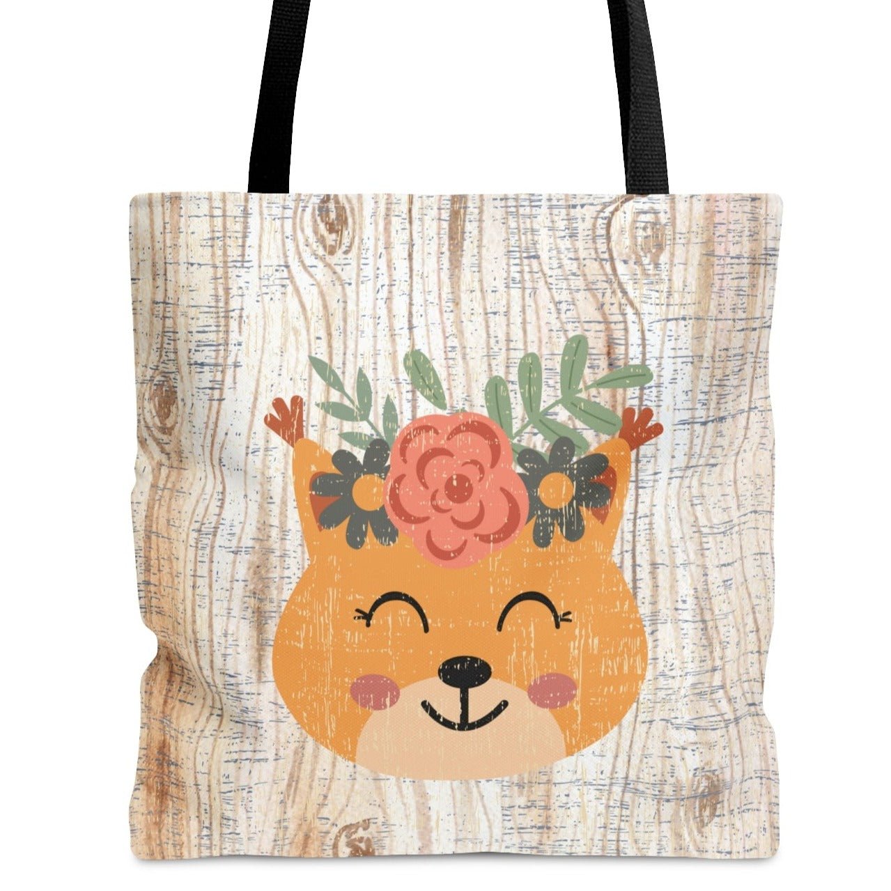 Bear with Flowers on White Wood Background Large Tote Bag - Whimsical Nature-Inspired Accessory - Eddy and Rita