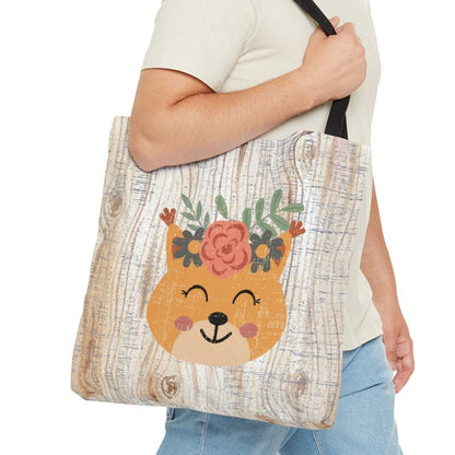 Bear with Flowers on White Wood Background Large Tote Bag - Whimsical Nature-Inspired Accessory - Eddy and Rita