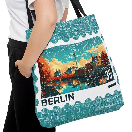 Berlin Postage Stamp Large Tote Bag - German Capital Cityscape on Blue Canvas - Eddy and Rita