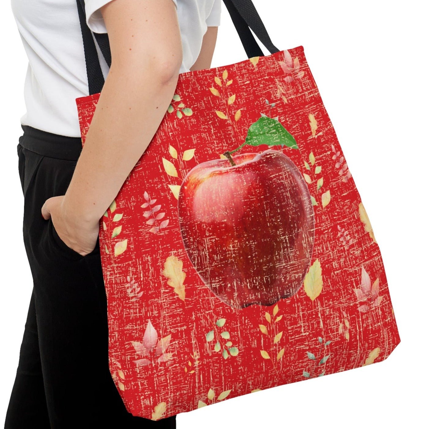 Bright Red Apple on Red Leaf Pattern Large Tote Bag - Fresh and Vibrant Fall Accessory - Eddy and Rita
