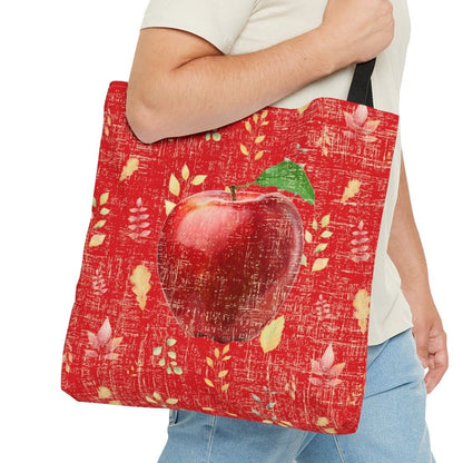 Bright Red Apple on Red Leaf Pattern Large Tote Bag - Fresh and Vibrant Fall Accessory - Eddy and Rita