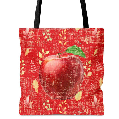 Bright Red Apple on Red Leaf Pattern Large Tote Bag - Fresh and Vibrant Fall Accessory - Eddy and Rita