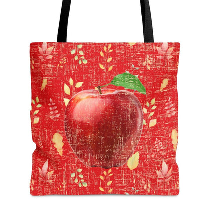 Bright Red Apple on Red Leaf Pattern Large Tote Bag - Fresh and Vibrant Fall Accessory - Eddy and Rita