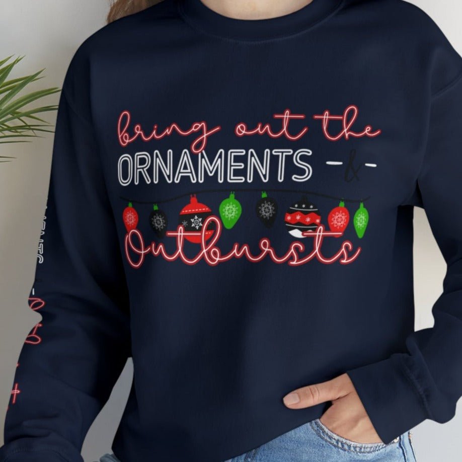 Bring Out the Ornaments and Outbursts Women's Sweatshirt: Festive Ornaments & Arm Detail - Eddy and Rita