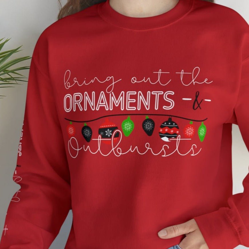 Bring Out the Ornaments and Outbursts Women's Sweatshirt: Festive Ornaments & Arm Detail - Eddy and Rita