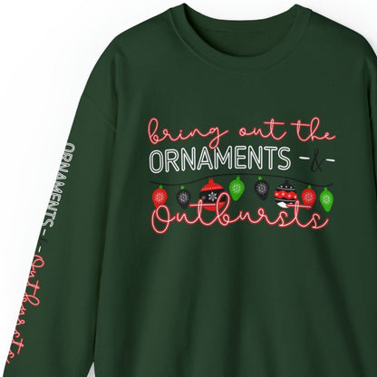 Bring Out the Ornaments and Outbursts Women's Sweatshirt: Festive Ornaments & Arm Detail - Eddy and Rita