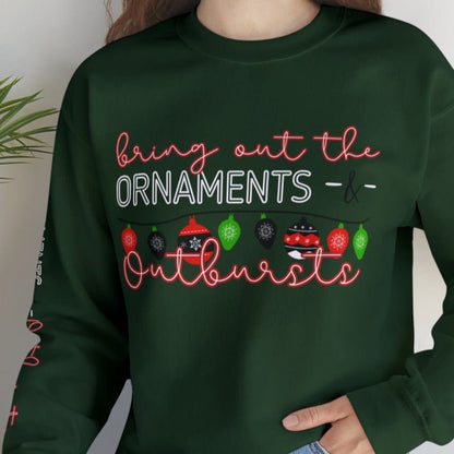 Bring Out the Ornaments and Outbursts Women's Sweatshirt: Festive Ornaments & Arm Detail - Eddy and Rita