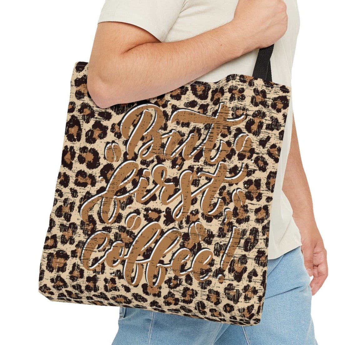 But First Coffee on Leopard Background Large Tote Bag - Trendy Caffeine Lover's Accessory - Eddy and Rita