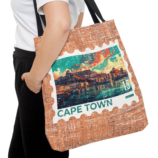 Cape Town Stamp Large Tote Bag - South African Cityscape on Terra Cotta Canvas - Eddy and Rita