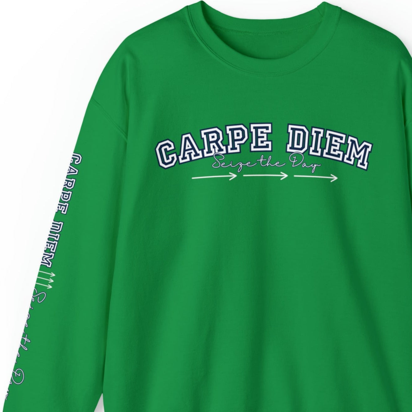 Carpe Diem Men's Sweatshirt: Inspiring Quote with Arrow Sleeve Detail - Eddy and Rita