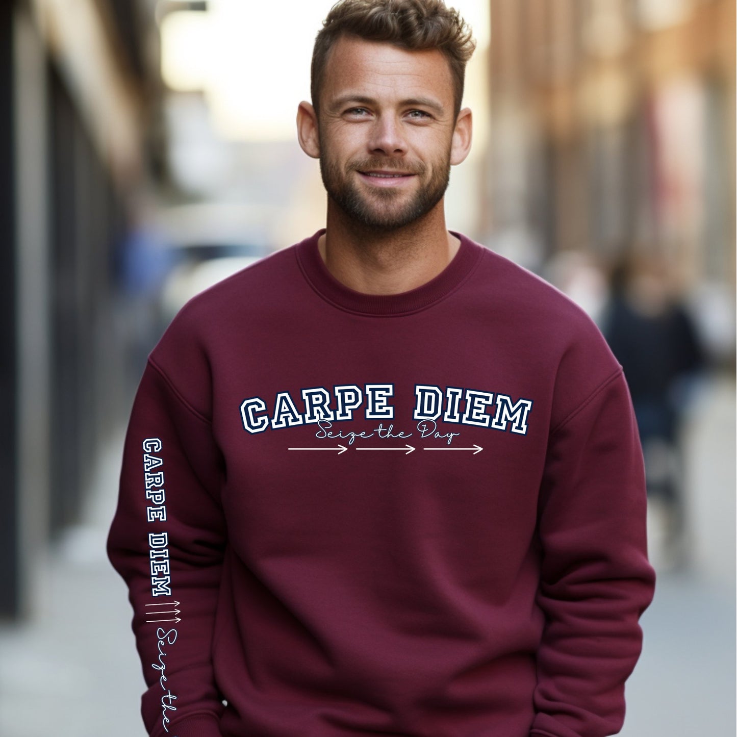 Carpe Diem: Seize the Day Men's Sweatshirt with Arrow Sleeve Detail - Eddy and Rita