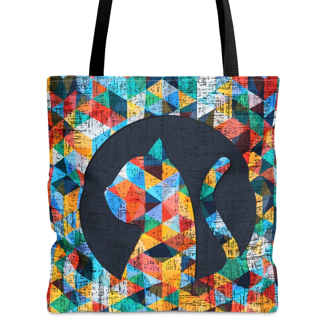 Cat Silhouette on Bright Geometric Background Large Tote Bag - Stylish Feline-Inspired Accessory - Eddy and Rita