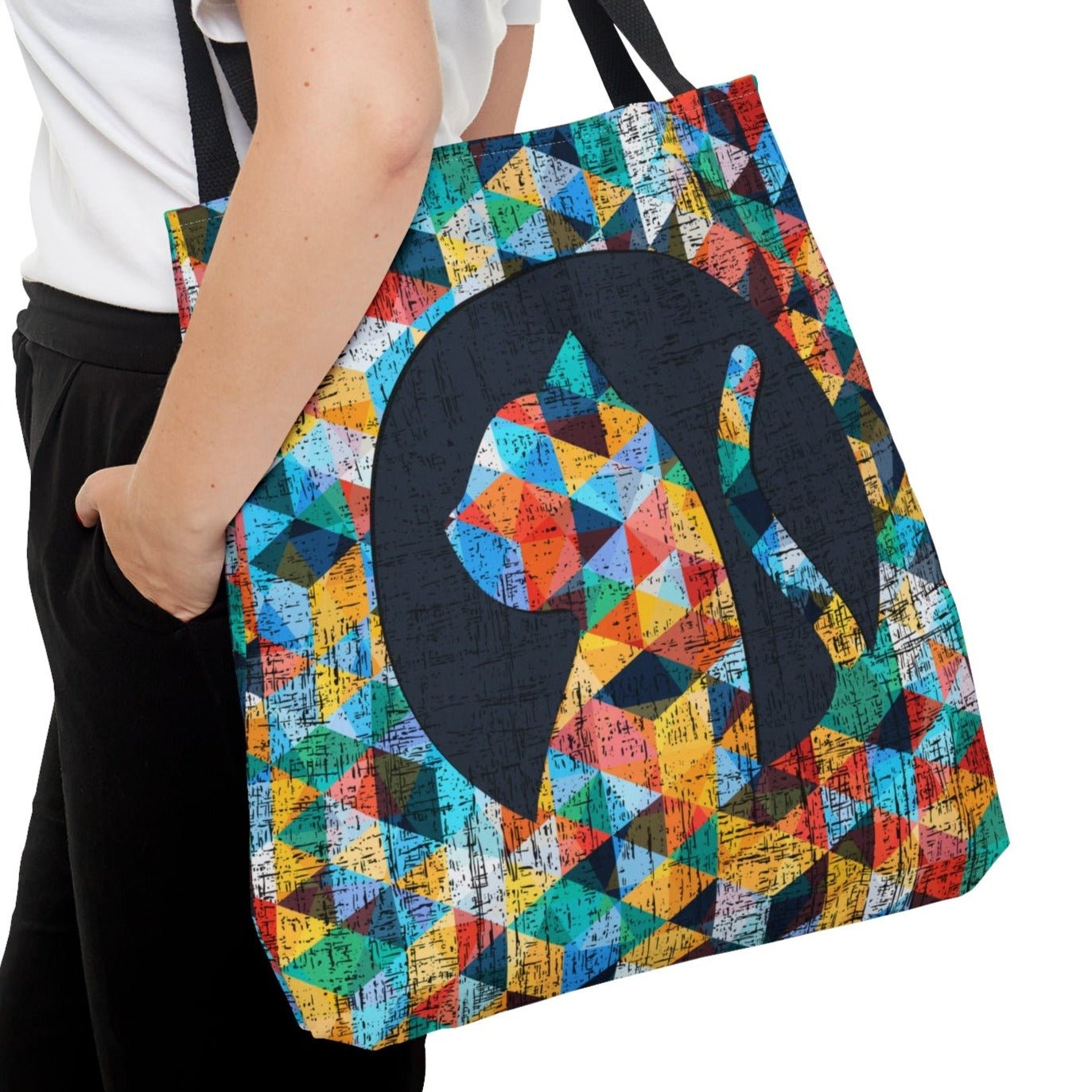 Cat Silhouette on Bright Geometric Background Large Tote Bag - Stylish Feline-Inspired Accessory - Eddy and Rita