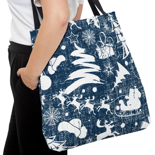 Charming White Christmas Images on Blue Large Tote Bag: Festive Holiday Design - Eddy and Rita