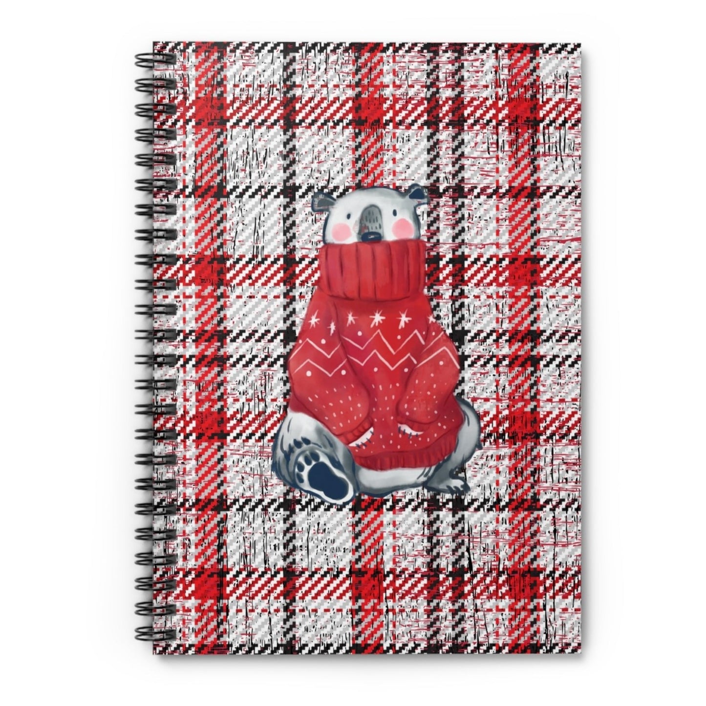 Cozy Polar Bear in Red Sweater Plaid Spiral Notebook - Ruled Line - Eddy and Rita