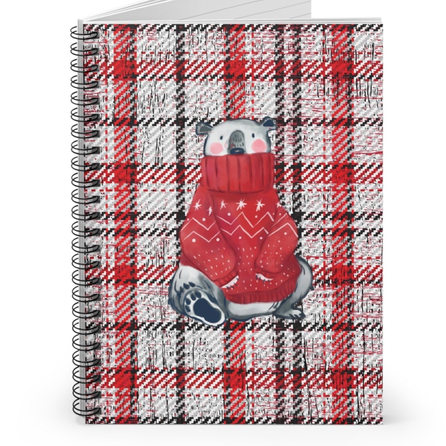 Cozy Polar Bear in Red Sweater Plaid Spiral Notebook - Ruled Line - Eddy and Rita